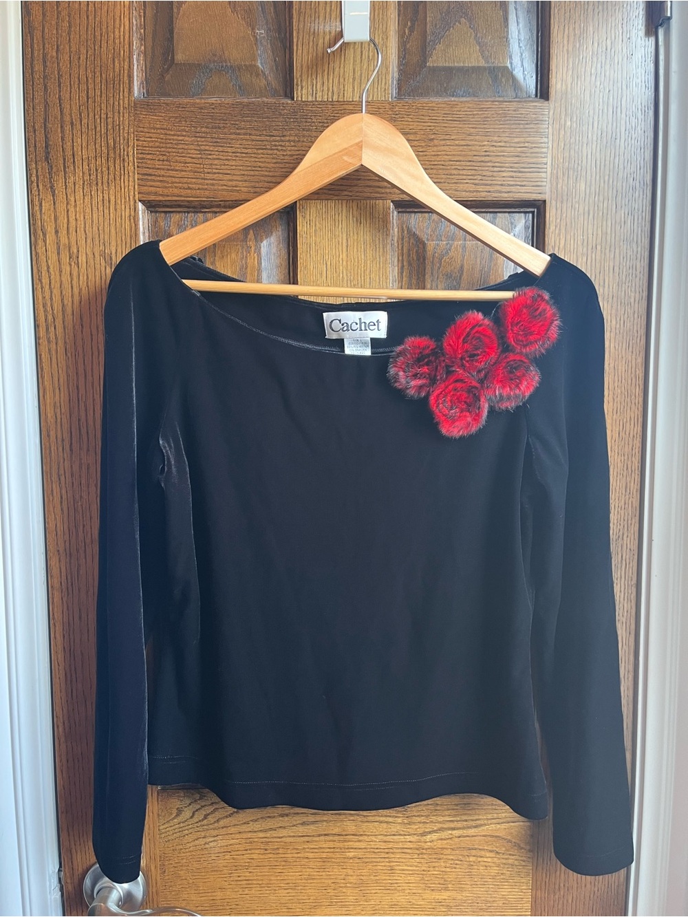 Vintage Cachet Velvet Black Long Sleeve Top with Red Rose Detail